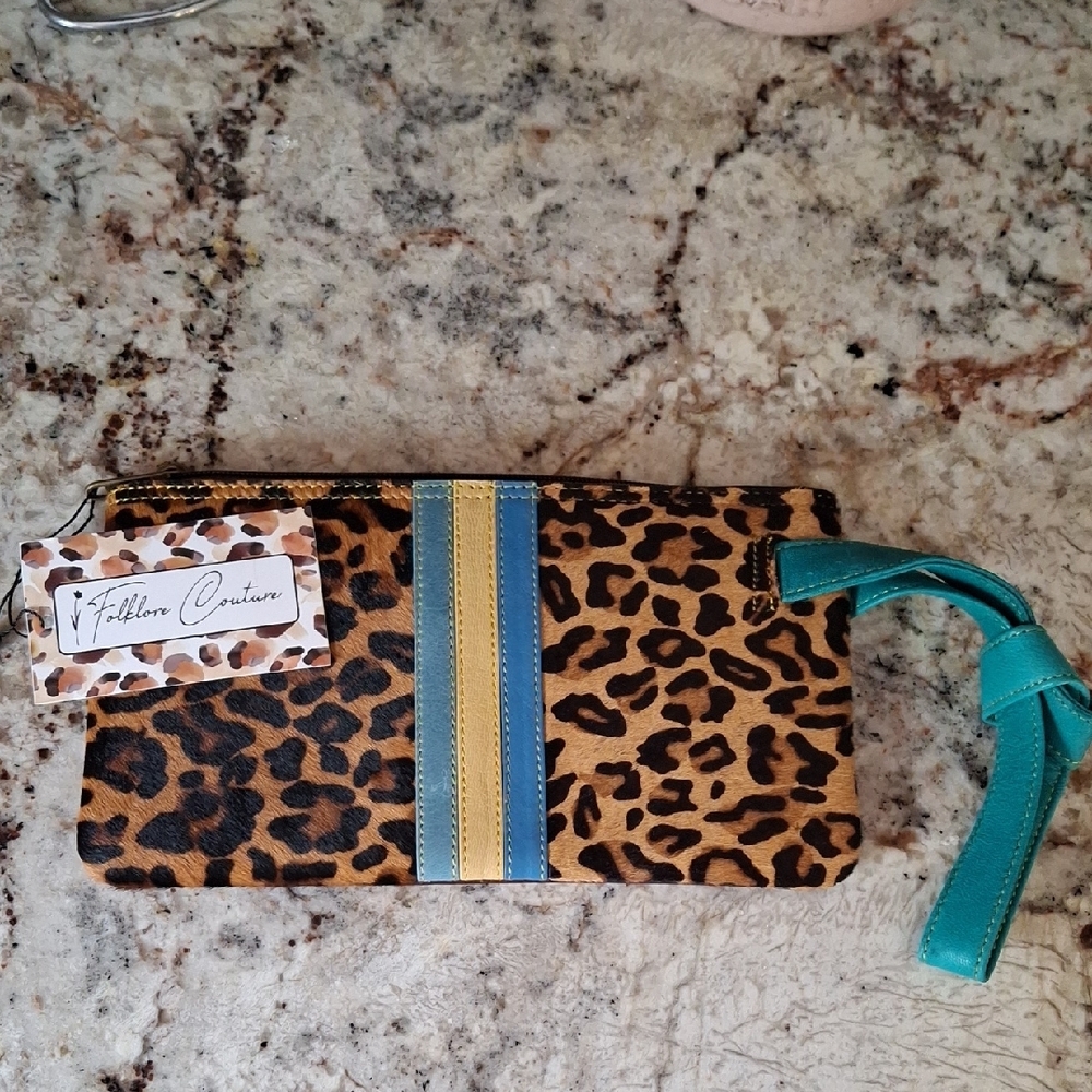 Leopard Print Clutch with Teal Strap